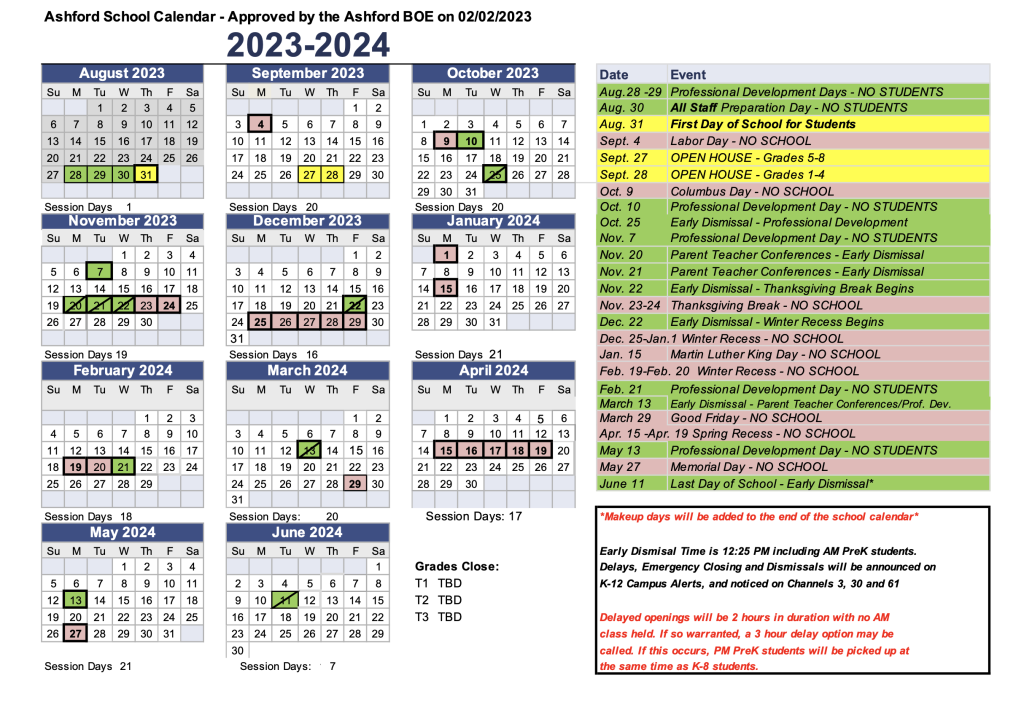 School Calendar Ashford School District